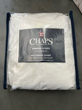 Chaps White Damask Stripe Queen Cotton Bedskirt